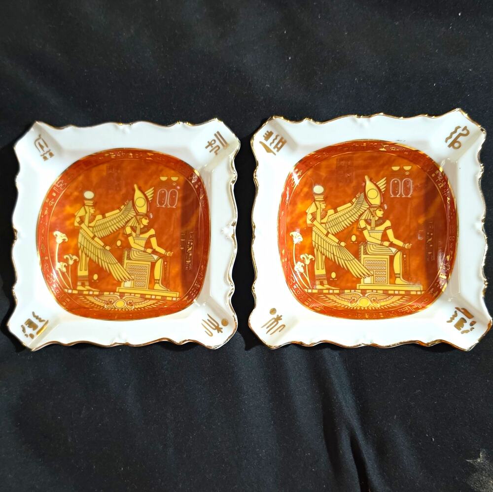 Royal Porcelain 2pc Porcelain Square Egyptian Scene Ashtrays Glossy Egypt
